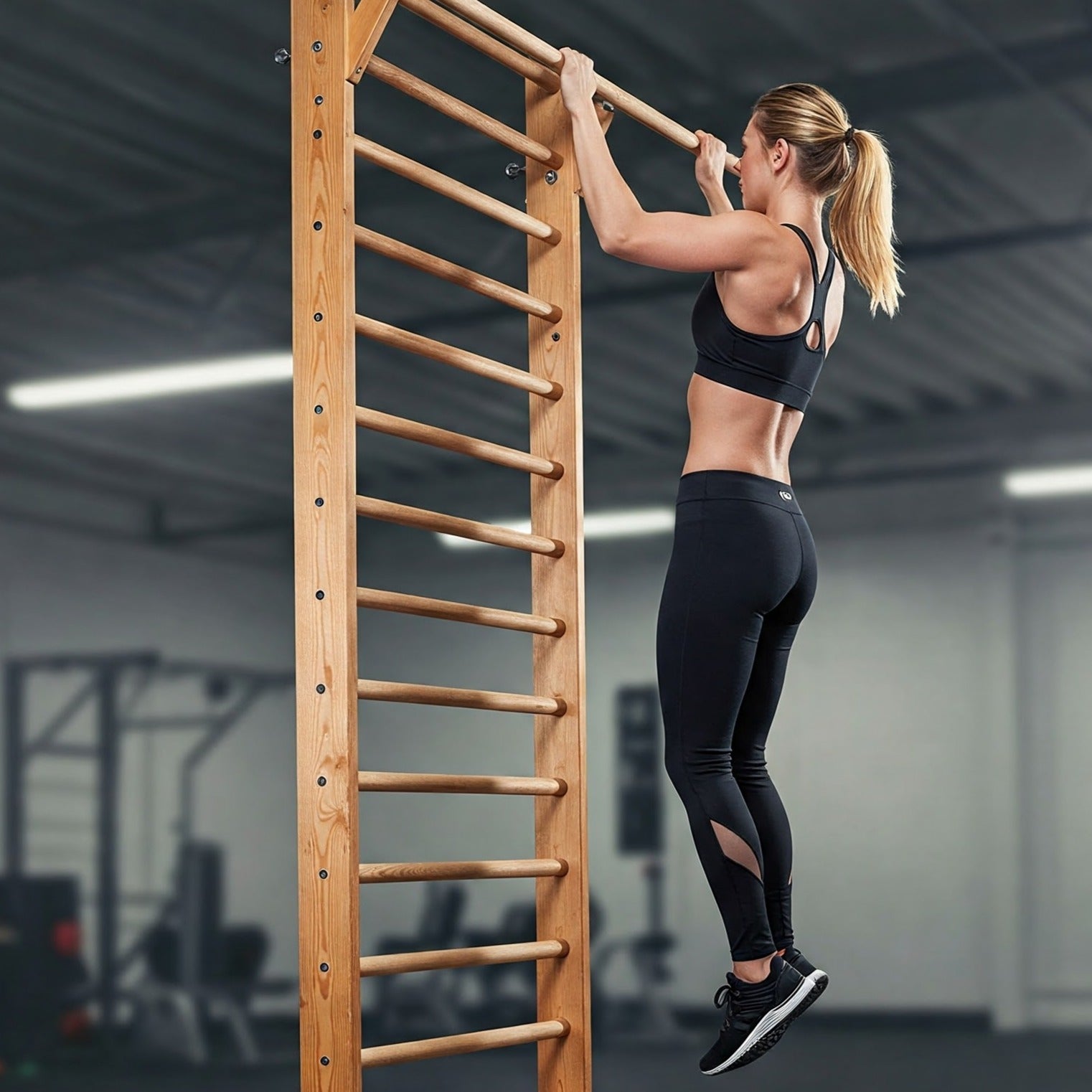 Wooden Swedish Ladder, Stall Bars Set for Physical Therapy & Gymnastics (with Adjustable Pull-up Bar)